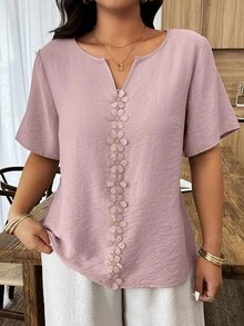 Weeklong 大码女式春夏度假风花卉拼接荷叶边宽松短袖上衣 - 藕粉色 - 查看 3