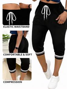 Plus Size Women Heart Print Tie Waist Capri Pants - Black - View 1