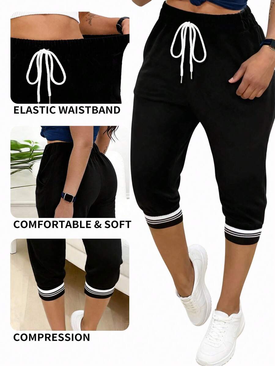 Plus Size Women Heart Print Tie Waist Capri Pants - Black - View 1
