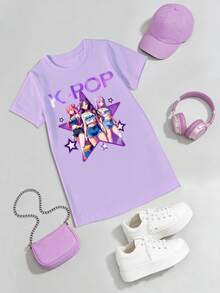 Elladie kids 春夏少女休闲时尚创意个性清新简约酷炫虚拟女团五角星图案字母标语印花休闲基础款短袖T恤裙，舒适日常穿着，适合春、夏、秋季穿着。 - 紫色 - 查看 4