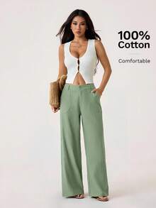 SHEIN PETITE 100% Washed Cotton Low Waist Straight Pants - Mint Green - View 6
