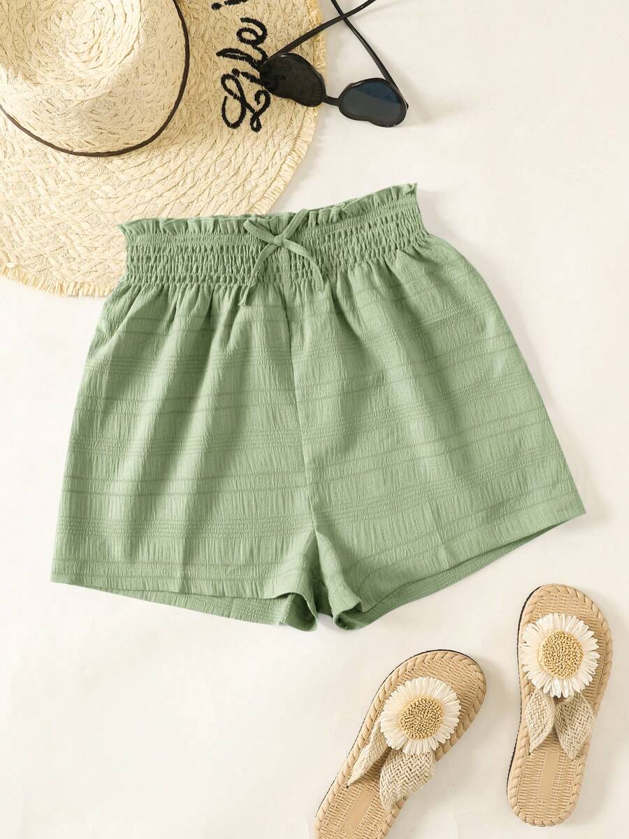 SHEIN Teen Girls' Black Textured Jacquard Bubble Plaid High Waist Drawstring Loose Casual Shorts, Versatile For Vacation And Daily Wear - Mint Green - View 1