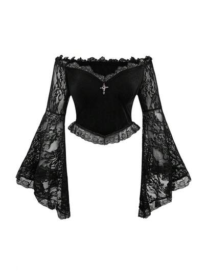 ROMWE Goth Blusa de talla grande con hombros descubiertos, mangas acampanadas de encaje y terciopelo, estilo gótico