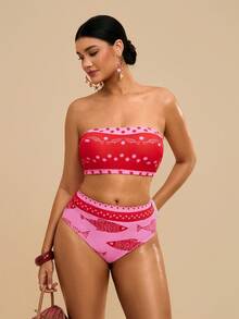 Travachic Conjunto de traje de baño estampado para mujer de talla grande, parte superior de traje de baño con bandeau y lazo - Rosa Fucsia - Ver 4