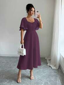 Modelyn Women's Solid Butter Yellow Chiffon Ruffle Sleeve Design Summer French Style Vacation Dress - Purple - View 8