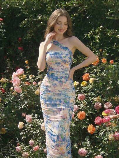 SHEIN MOD Vestido de malla de longitud media sin mangas con fruncido y estampado floral