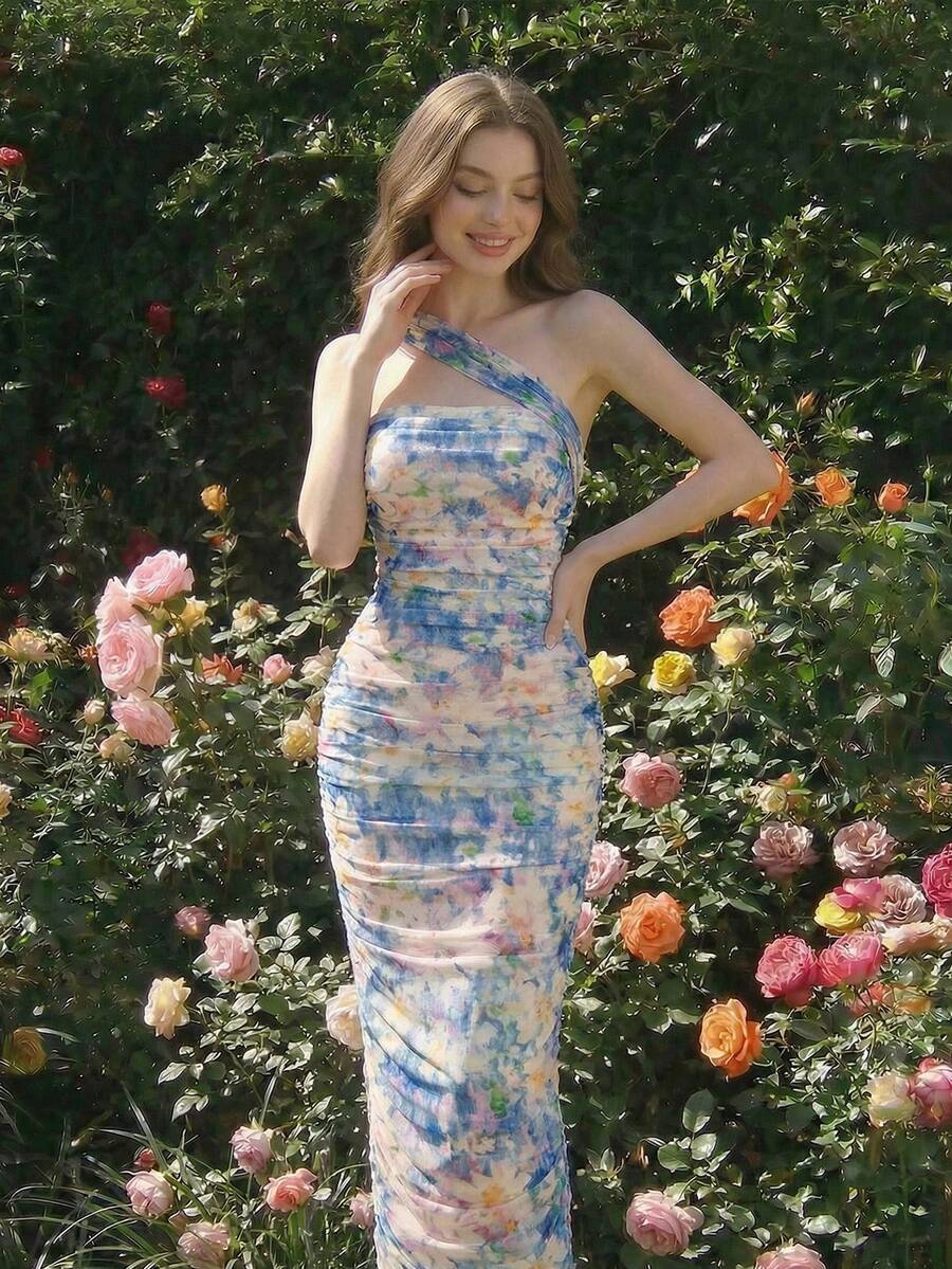 SHEIN MOD Đầm lưới ôm sát không tay, dài đến đầu gối, họa tiết hoa, xếp ly. - Nhiều màu - Xem 1