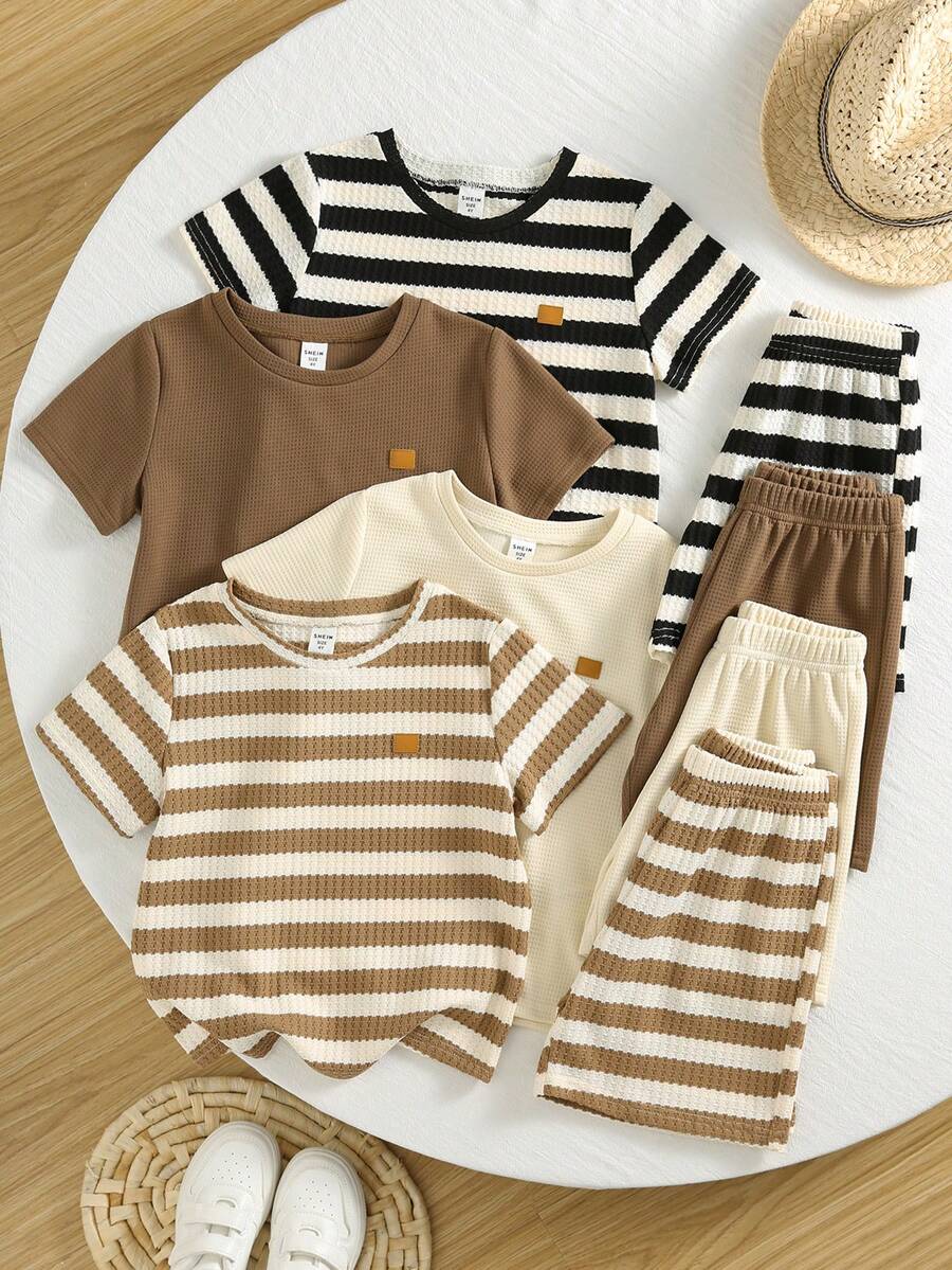 Bộ 4 món áo thun ngắn tay kẻ sọc và quần short cho bé trai/bé gái, trang phục mùa hè. - Màu Khaki - Xem 1