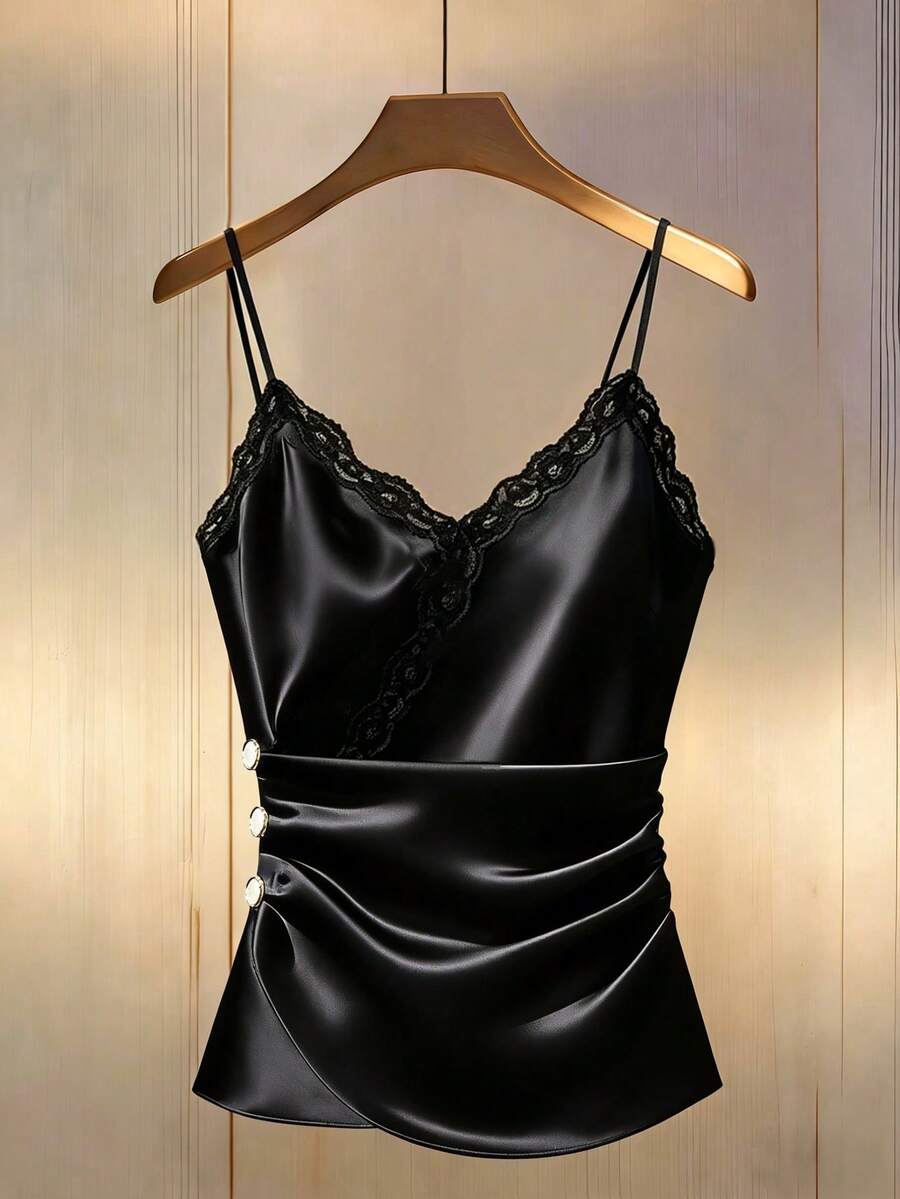 Franclia 女士新款蕾丝边V领修身吊带背心 - 黑色 - 查看 1