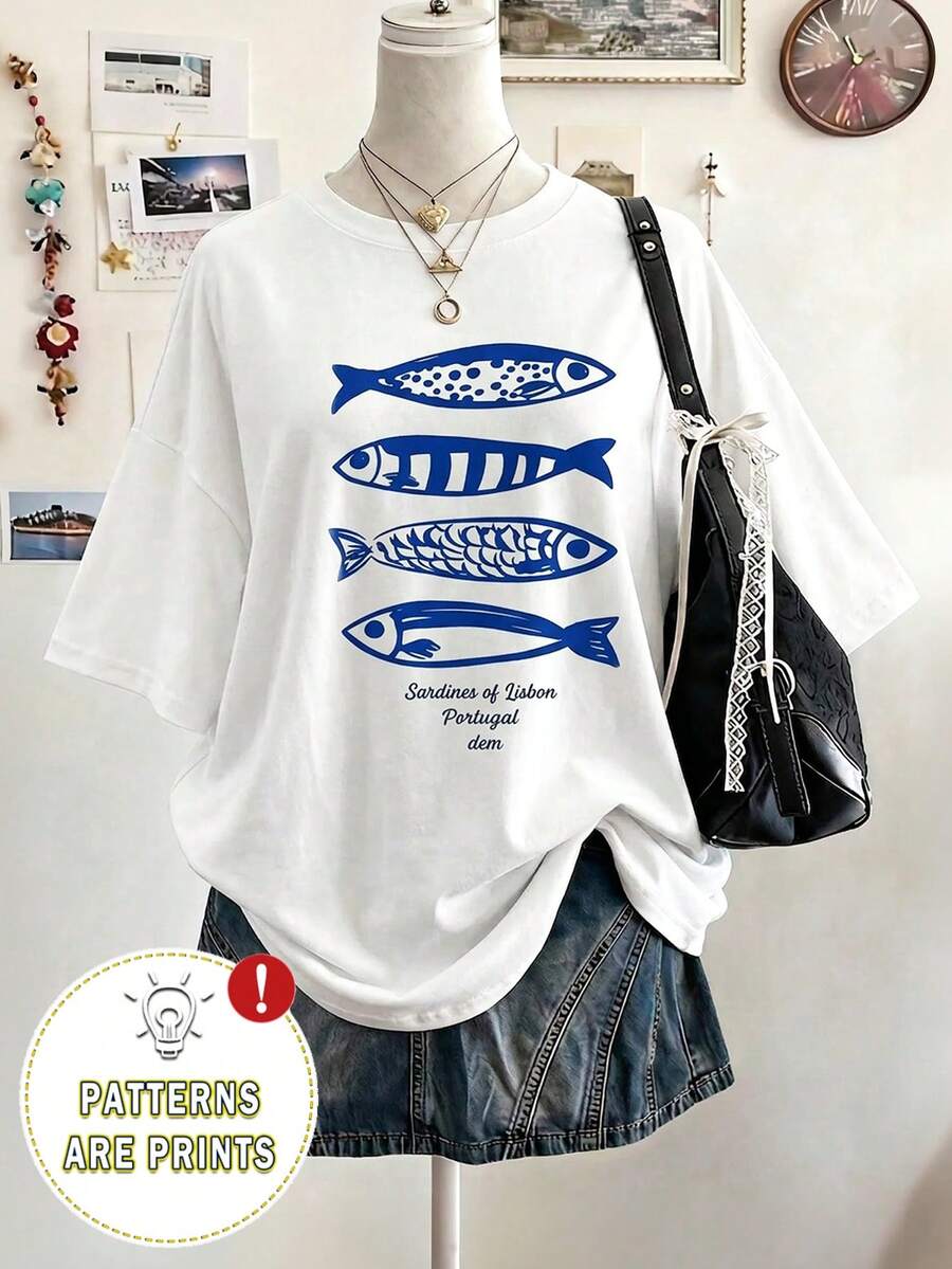 Lalippa Ocean Element Graphic Print Oversized Loose Fit Mid-Length Round Neck Drop Shoulder Women T-Shirt, Gift For Friends - White - View 1