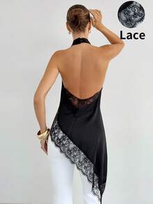 Siren Gaze 女士纯色撞色蕾丝不对称下摆时尚吊带上衣 - 黑色 - 查看 2