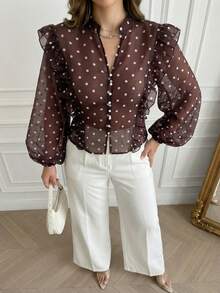 Modelyn 女士优雅浪漫复古波点多层荷叶边领宽松衬衫 - 棕色 - 查看 4