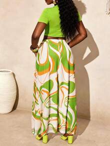 BamGleam Conjunto de 2 piezas con camiseta corta verde neón + falda maxi con estampado de olas abstractas, conjunto sexy de ajuste ceñido para vacaciones y uso diario - Multicolor - Ver 2