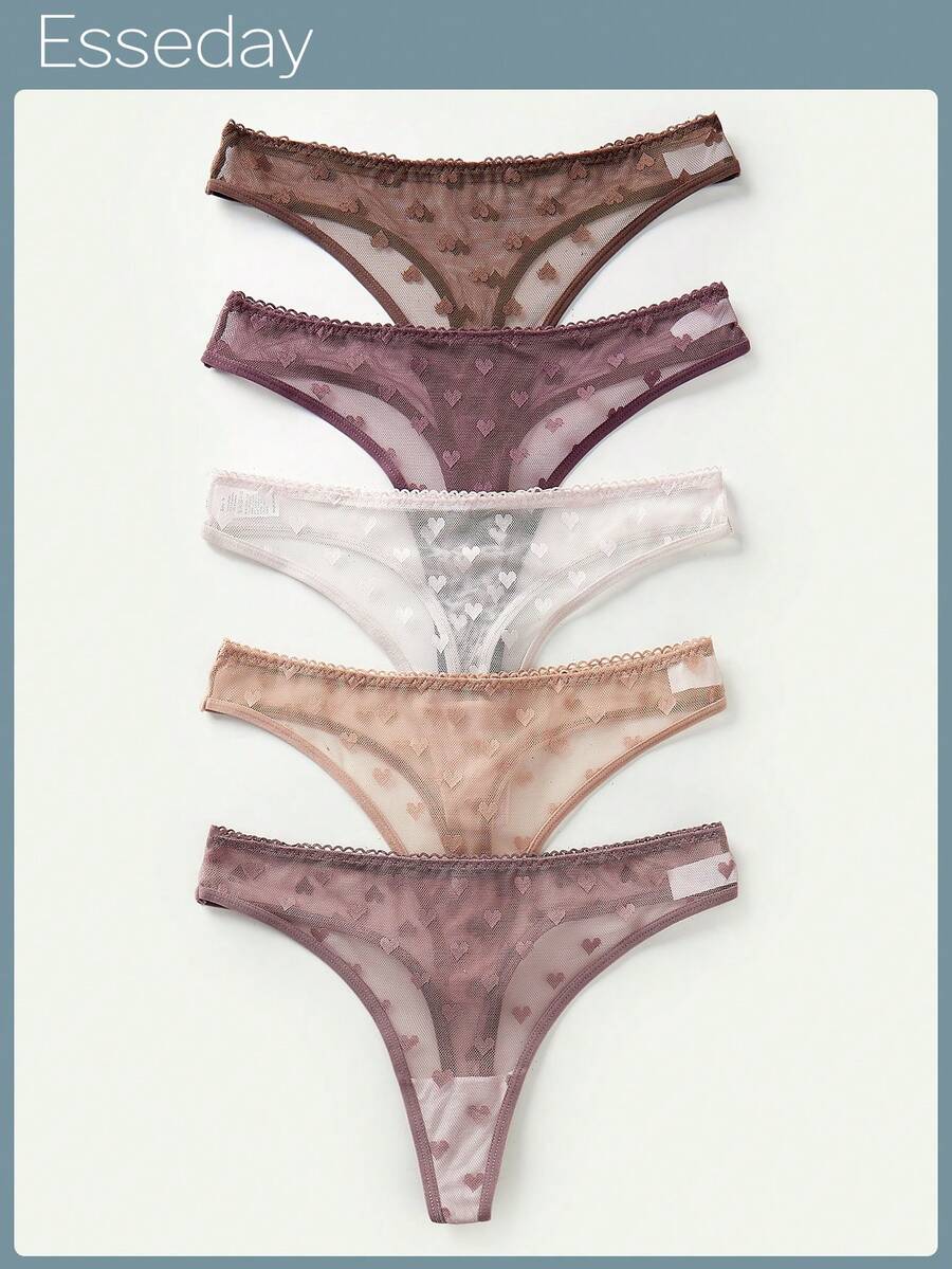 Bộ 5 quần lót lọt khe lưới jacquard hình trái tim gợi cảm dành cho nữ - Nhiều màu - Xem 1