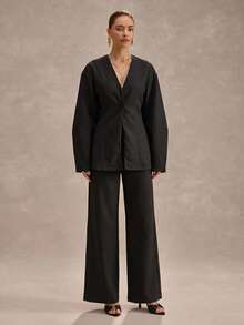 CLARA VERO Women's Hidden Button Waist Cinching Lantern Sleeve Split Hem Blazer And Wide Leg Pants 2 Pieces Set - Black - View 2