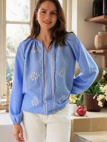 Dayvera 休闲乡村风蓝色碎花系领衬衫，优雅长袖夏季女式上衣，春季度假穿搭，女士上衣和衬衫，女士休闲现代职业衬衫，夏季女式衬衫 - 藍色 - 查看 3