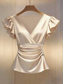 GlowEve CURVE Plus Size Women V-Neck Pleated Ruffle Sleeve Blouse - Apricot - View 1