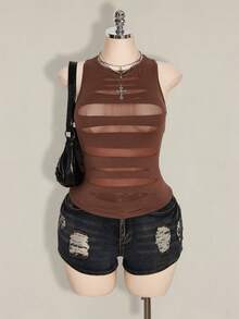 SHEIN ICON 大码女式Y2K透视做旧性感吊带背心 - 棕色 - 查看 4