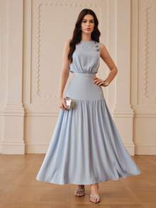 ZEYLAH 女士优雅纽扣装饰腰部无袖连衣裙，夏季 - 藍色 - 查看 4