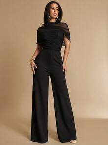 Silquee Solid Color Mandarin Collar Mesh Patchwork Fitted Elegant Short Sleeve Jumpsuit - Black - View 3