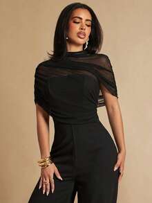 Silquee Solid Color Mandarin Collar Mesh Patchwork Fitted Elegant Short Sleeve Jumpsuit - Black - View 4