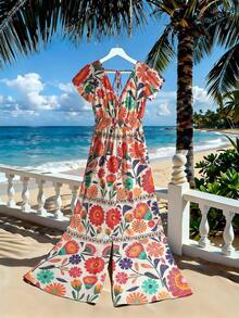 Selianne Bộ jumpsuit nữ dáng dài, cổ chữ V, eo bèo nhún, họa tiết hoa nhiều màu sắc, thích hợp cho du lịch biển. - Nhiều màu - Xem 2