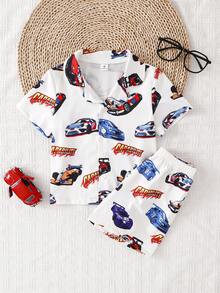 夏季轻薄幼儿男童时尚休闲舒适柔软透气蓝色英文数字卡通汽车印花针织阻燃短袖上衣配短裤睡衣套装 - 彩色 - 查看 7