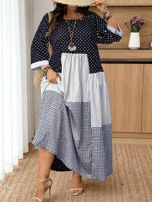 SHEIN CURVE+ 大码女式休闲度假圆领七分袖波点、格子和条纹拼接连衣裙，秋季 - 彩色 - 查看 7