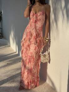 SHEIN SunnyBelle Đầm nữ phong cách thường ngày, thoải mái, đa năng, thích hợp cho kỳ nghỉ, dã ngoại, tiệc tùng, phong cách Boho, họa tiết Paisley, chất liệu lưới, xếp tầng, bèo nhún, dây đeo eo, mùa xuân/hè. - Nhiều màu - Xem 5