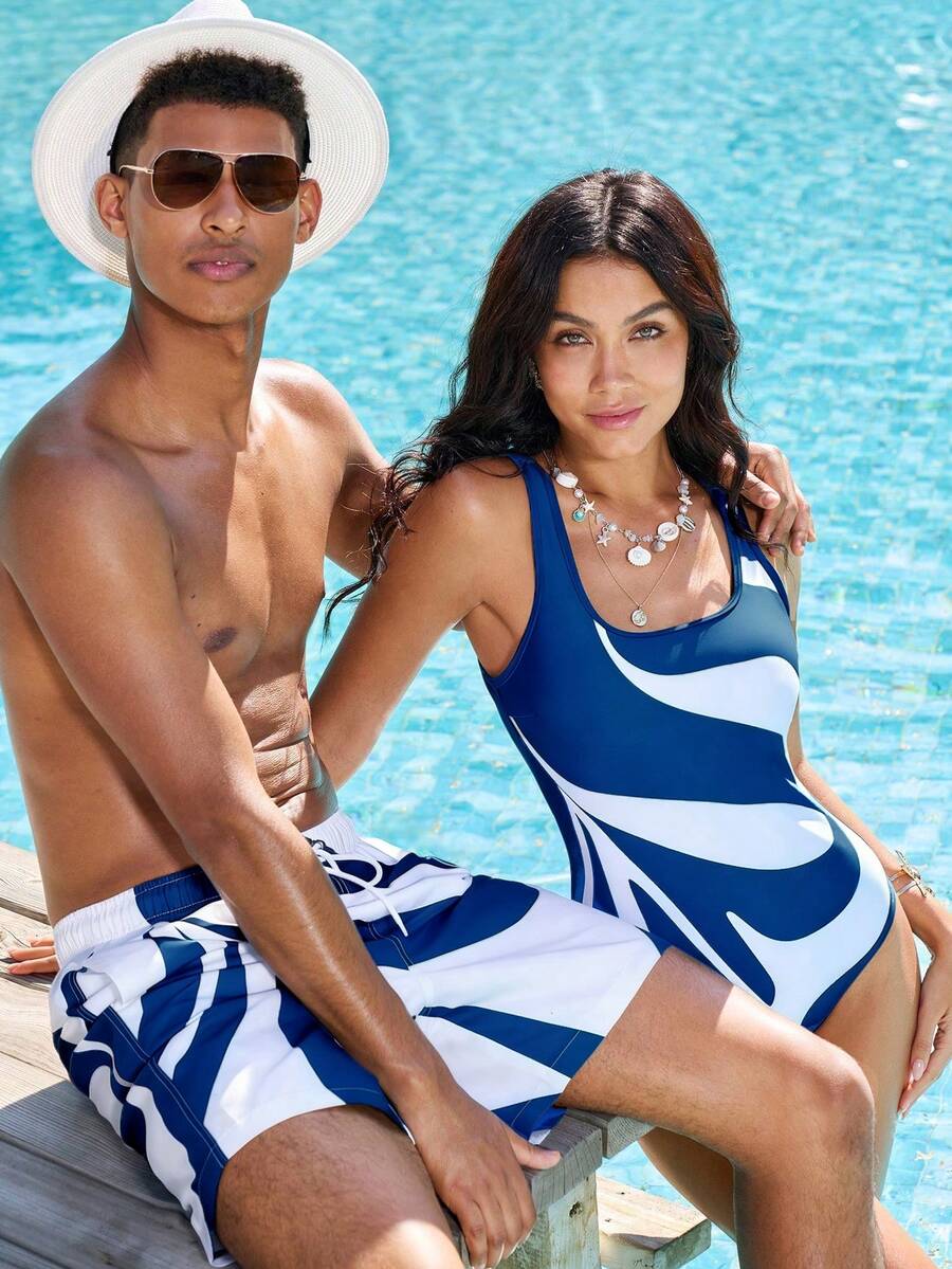 Manfinity VDAYZ 男士抽绳松紧腰宽松休闲沙滩短裤，夏季 - 彩色 - 查看 1