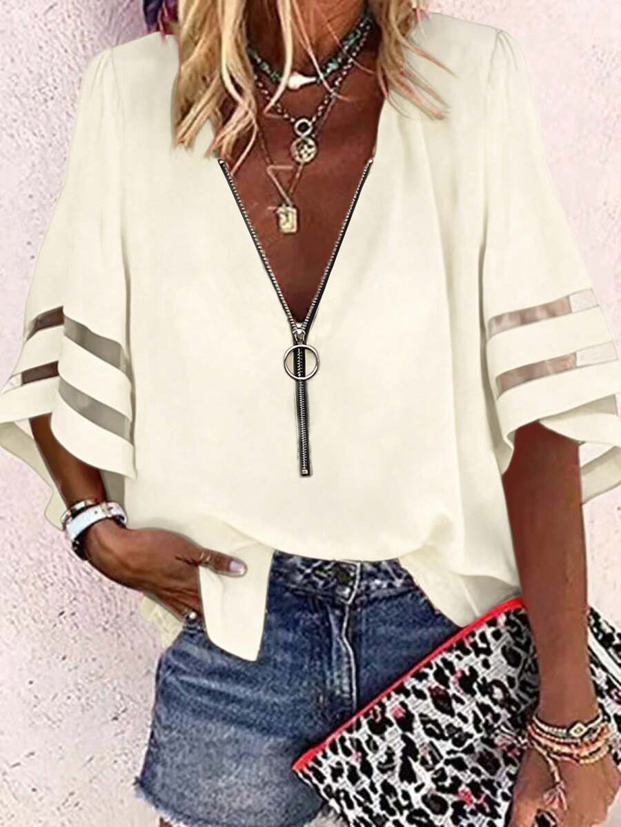 EMERY ROSE Camisa casual de malla y parches para mujer de vacaciones - Albaricoque - View 1