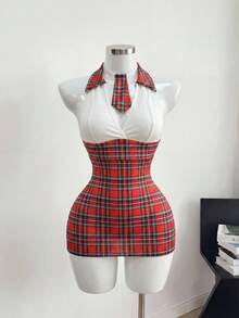 Fantasy Costume 2pcs American College Plaid Top, Skirt And Bow Tie Lingerie Set - Red and White - View 4