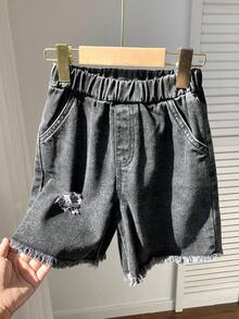 SHEIN Little Byeori 儿童/男童休闲宽松黑色牛仔短裤，工装短裤，基础款下装，Y2K风格短裤，适合春夏穿着，可用于外出、情人节、约会、旅行、度假、家庭聚会、返校、婚礼、正式场合、运动、生日派对等场合。 - 灰色 - 查看 3