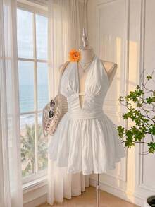 Comfortcana Plus Size Casual Vacation Style White Textured Chiffon Dress - White - View 4