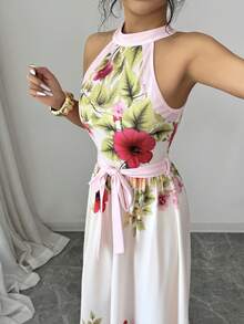 SHEIN Clasi Women's Floral Print Halter Neck Dress, Elegant Sexy Holiday Wear For Spring/Summer Golf White - Apricot - View 5