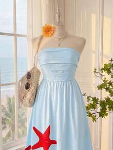 Comfortcana Vestido de bandeau con pliegues y estampado de estrellas de mar para mujer de talla grande para vacaciones - Azul - Ver 3