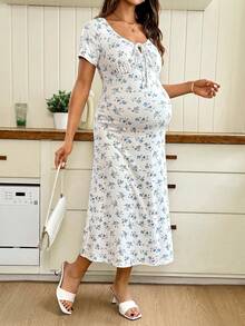 SHEIN 孕妇夏季海滩度假碎花扭结修身中长连衣裙 - 藍色 - 查看 3