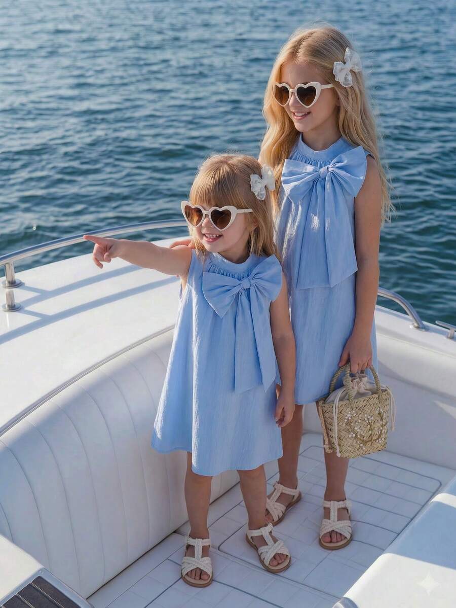 Elladie kids Đầm thanh lịch tối giản với nơ lớn dành cho bé gái, thích hợp cho mùa hè. - Màu xanh nhạt - Xem 1