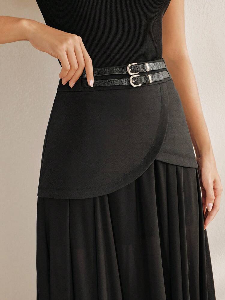 Modern Elegant New Black High Waist Double Belt Fabric Patchwork Chiffon Maxi Casual Skirt For Women