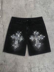 AXEPEAK Men's Black Shorts With Fashionable Rhinestone Embellishments - Black - View 3