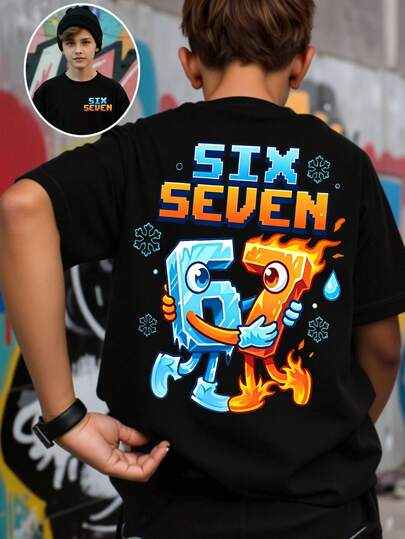 Camiseta básica de manga corta con diseño gráfico de número 67 y eslogan de dibujos animados, de estilo minimalista y refrescante, de uso casual y cómodo para uso diario de niños, adecuada para primavera, verano y otoño