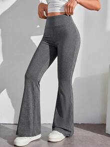 SHEIN PETITE Pantalones acampanados de cintura alta con envolvente de unicolor - Gris - Ver 4