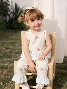 Cozy Pixies Baby Girl Colorblock Floral Trim Sleeveless Cardigan Top And Elastic Waist Pants 2 Pieces Set - Multicolor - View 2