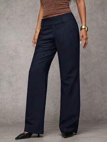 SHEIN PETITE CURVE Pantalones acampanados de unicolor versátiles de talla grande - Azul Marino - Ver 3