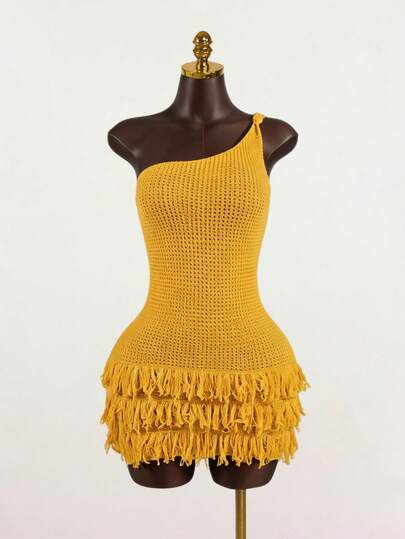 SaltGleam SaltGleam Vestido de punto sin mangas con dobladillo con flecos de unicolor para mujer