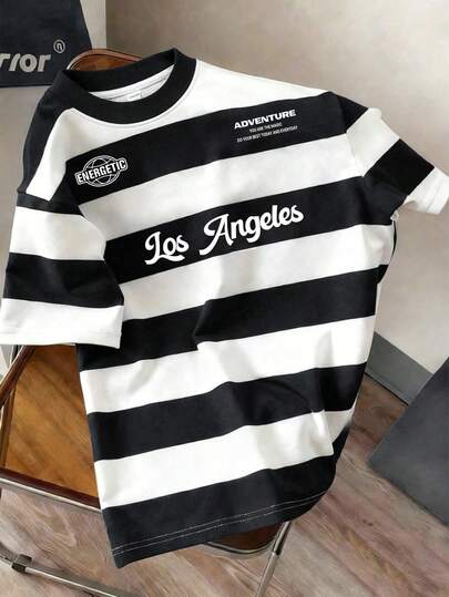 Manfinity Joysei Men's Casual Striped & Letter Print Short Sleeve T-Shirt, Suitable For Daily Commute In Summer