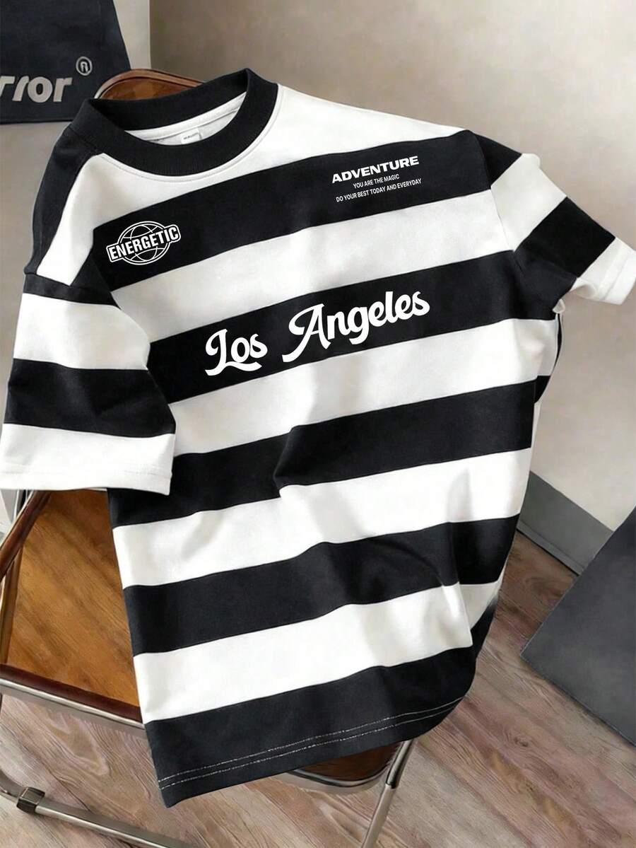 Manfinity Joysei Men's Casual Striped & Letter Print Short Sleeve T-Shirt, Suitable For Daily Commute In Summer - Black and White - View 1
