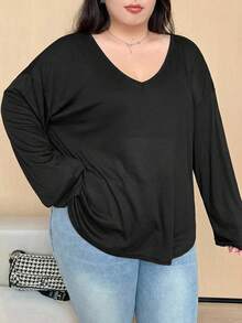 Dazy Plus 纯色圆领半开领长袖T恤，春夏款 - 黑色 - 查看 2