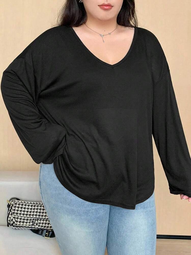 Dazy Plus Solid Color Scoop Neck Half-Open Collar Long Sleeve T-Shirt, Spring/Summer