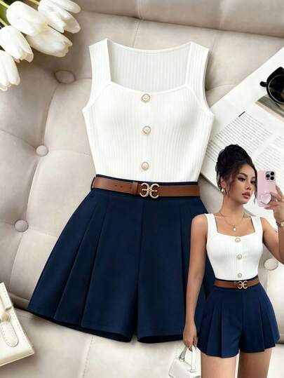 Elenzga 女士纯色纽扣设计吊带背心和褶皱短裤两件套